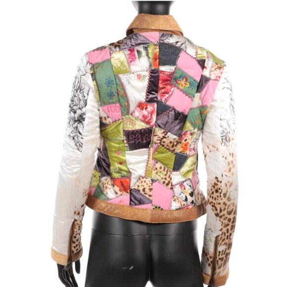 AUTH Roberto Cavalli Printed Silk Patchwork and Suede Leather Jacket NWT - Picture 2 of 8